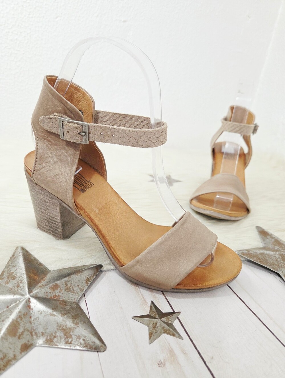 Miz Mooz Stassi tan Ankle Strap Chunky High Heel Sandal Shoes Women's size 36